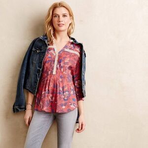 Anthropologie Maeve Abella Pintuck Blouse 2 Pink Crochet Trim